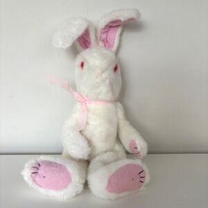 Vtg White Plush Bunny Rabbit Pink‎ Eyes Ribbon Stuffed Animal Toy Posable Ears
